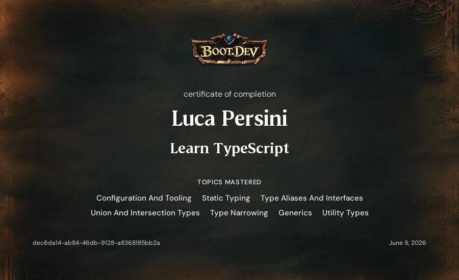 Luca Persini's Boot.dev Learn TypeScript certificate