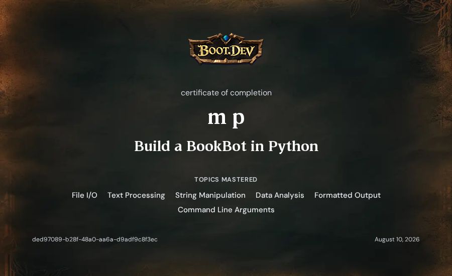m p's Boot.dev Build a BookBot in Python certificate