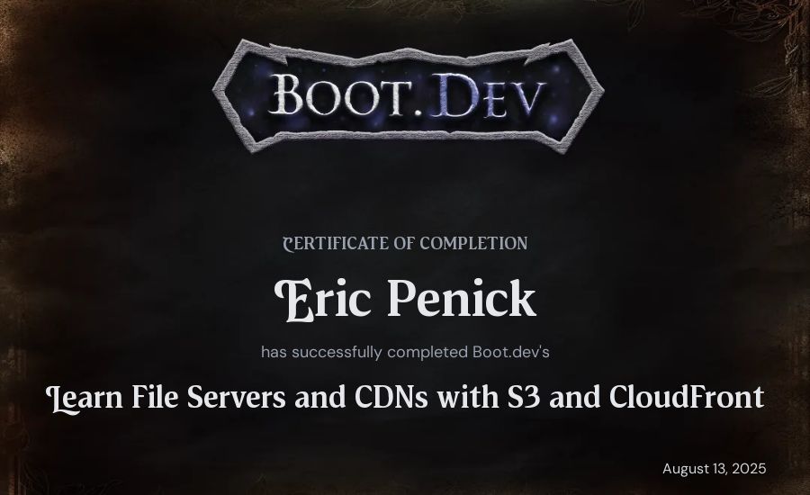 Eric Penick's Boot.dev Learn File Servers and CDNs with S3 and CloudFront certificate