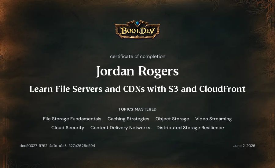 Jordan Rogers's Boot.dev Learn File Servers and CDNs with S3 and CloudFront certificate