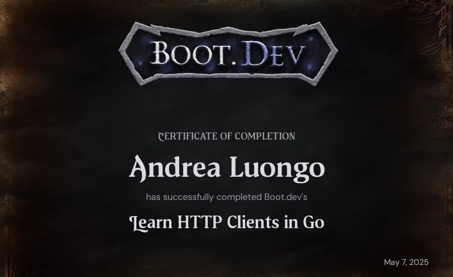 Andrea Luongo's Boot.dev Learn HTTP Clients in Go certificate