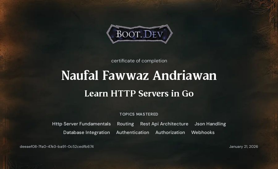 Naufal Fawwaz Andriawan's Boot.dev Learn HTTP Servers in Go certificate
