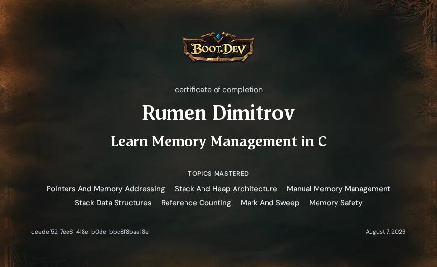 Rumen Dimitrov's Boot.dev Learn Memory Management in C certificate