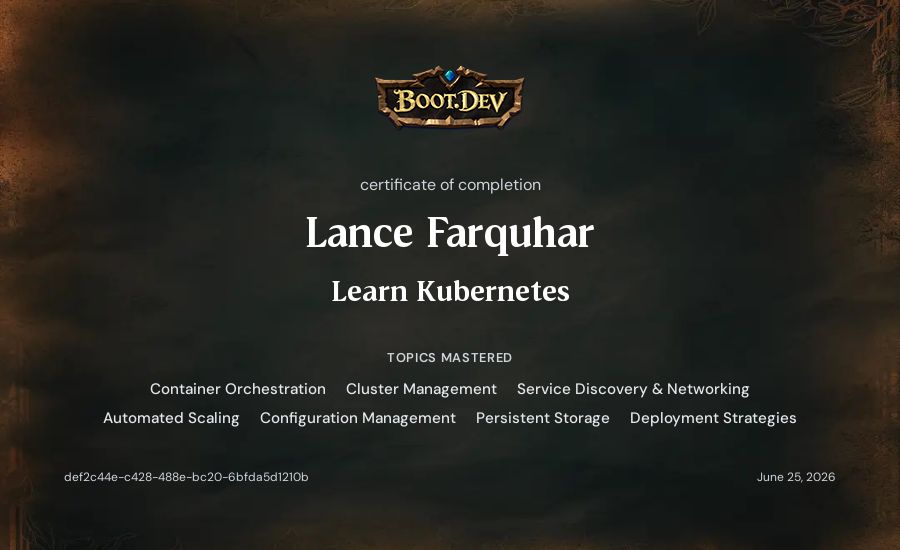 Lance Farquhar's Boot.dev Learn Kubernetes certificate