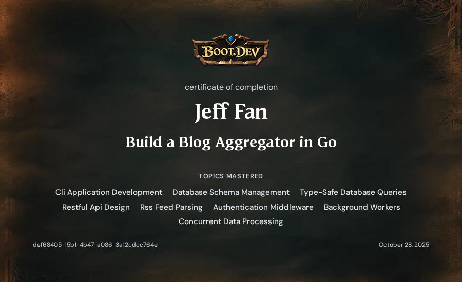 Jeff Fan's Boot.dev Build a Blog Aggregator in Go certificate