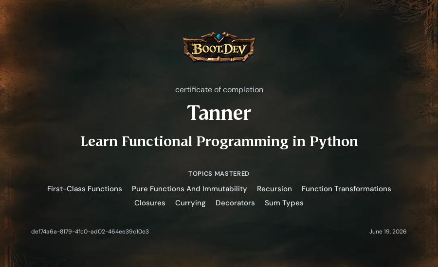 tanner's Boot.dev Learn Functional Programming in Python certificate