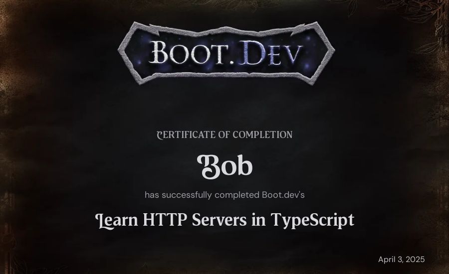 Bob Saludo's Boot.dev Learn HTTP Servers in TypeScript certificate