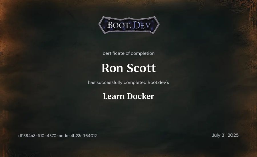 Ron Scott's Boot.dev Learn Docker certificate