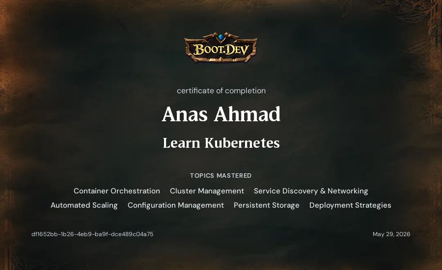 Anas Ahmad's Boot.dev Learn Kubernetes certificate