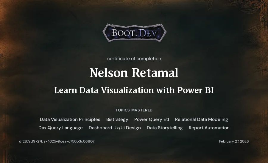 Nelson Retamal's Boot.dev Learn Power BI certificate