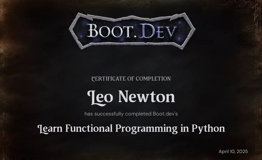 Leo Newton's Boot.dev Learn Functional Programming in Python certificate