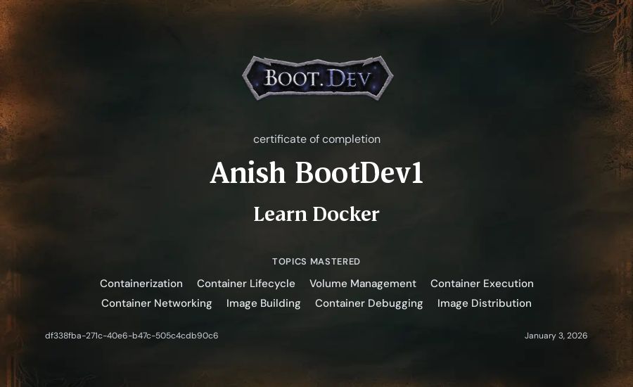 Anish BootDev1's Boot.dev Learn Docker certificate