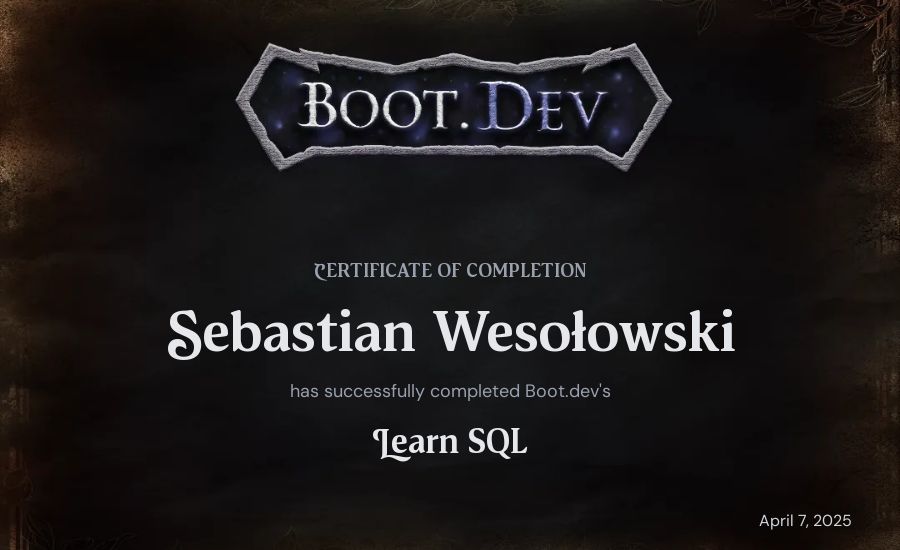 Sebastian Wesołowski's Boot.dev Learn SQL certificate