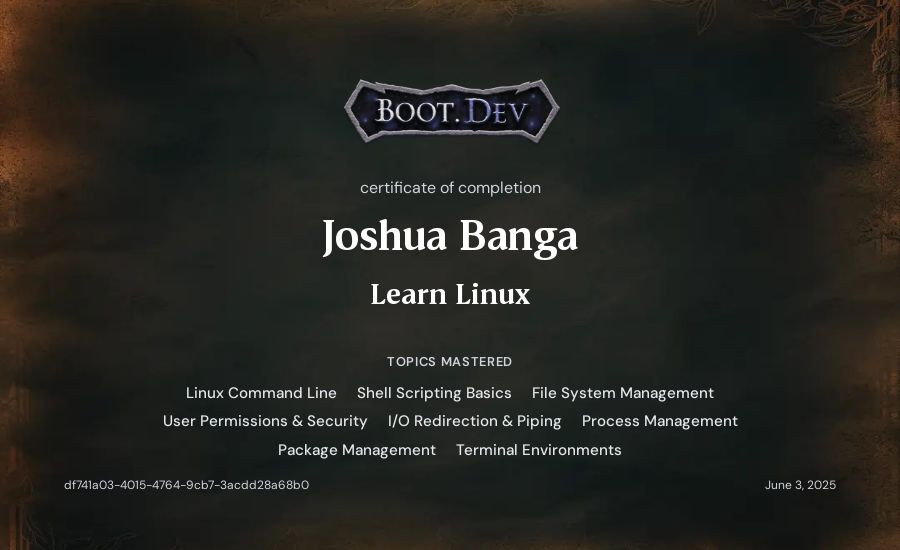 Joshua Banga's Boot.dev Learn Linux certificate