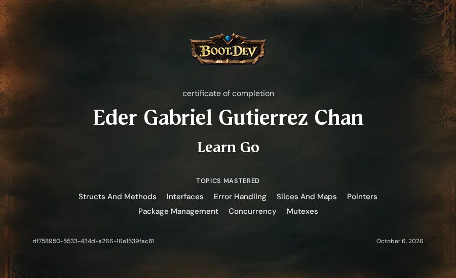 Eder Gabriel Gutierrez Chan's Boot.dev Learn Go certificate