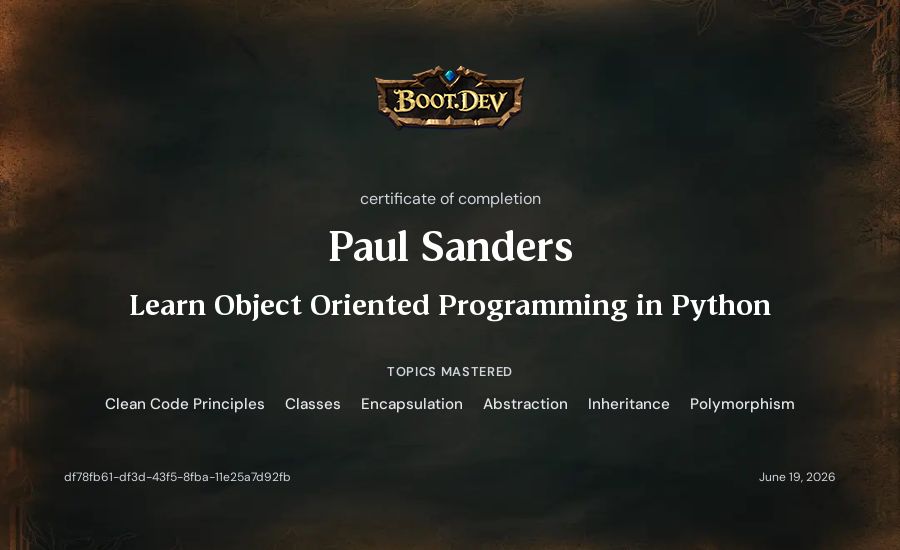 Paul Sanders's Boot.dev Learn Object Oriented Programming in Python certificate