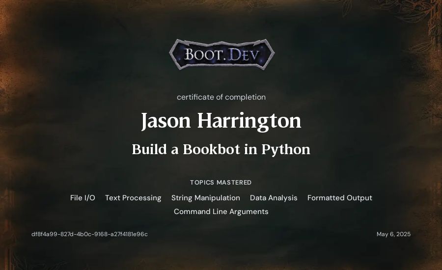 Jason Harrington's Boot.dev Build a BookBot in Python certificate