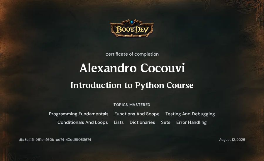 Alexandro Cocouvi's Boot.dev Introduction to Python Course certificate