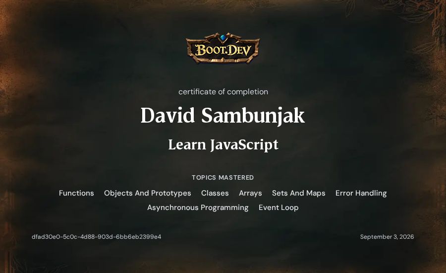 David Sambunjak's Boot.dev Learn JavaScript certificate
