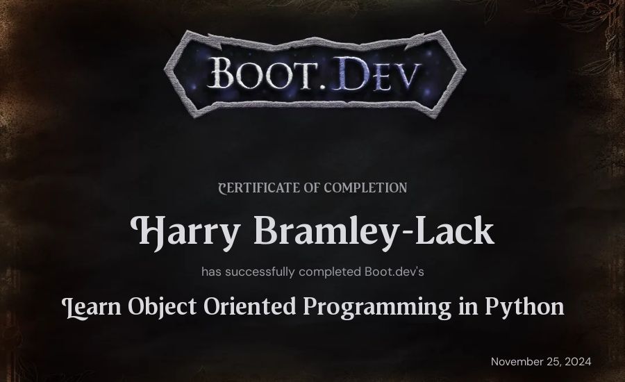 Harry B-L's Boot.dev Learn Object Oriented Programming in Python certificate