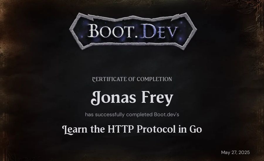 Jonas Frey's Boot.dev Learn the HTTP Protocol in Go certificate