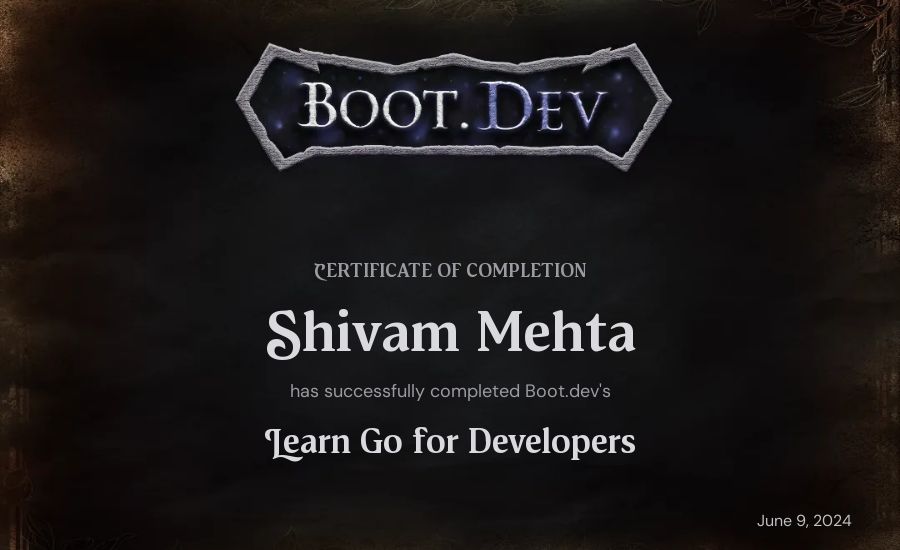 Shivam Mehta's Boot.dev Learn Go certificate