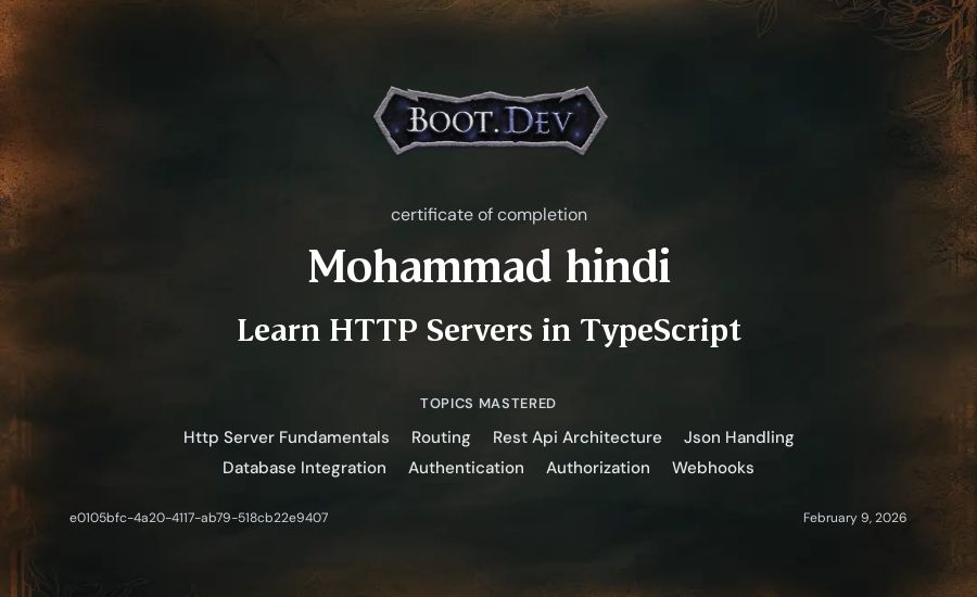 Mohammad hindi's Boot.dev Learn HTTP Servers in TypeScript certificate