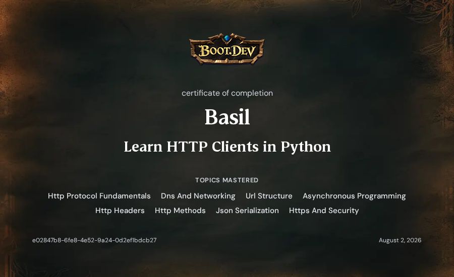 Basil's Boot.dev Learn HTTP Clients in Python certificate