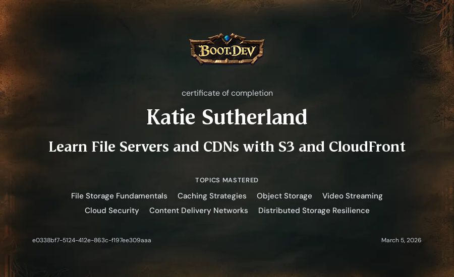 Katie Sutherland's Boot.dev Learn File Servers and CDNs with S3 and CloudFront certificate
