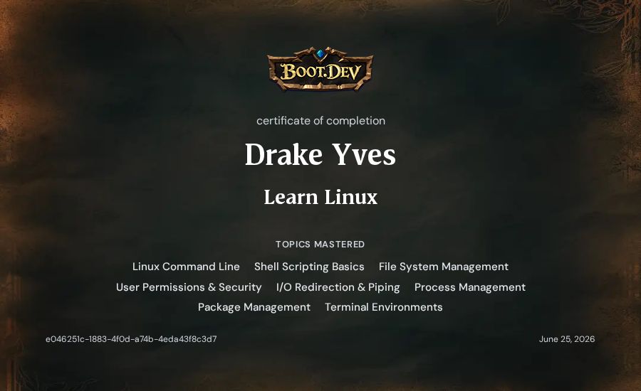 Drake Yves's Boot.dev Learn Linux certificate