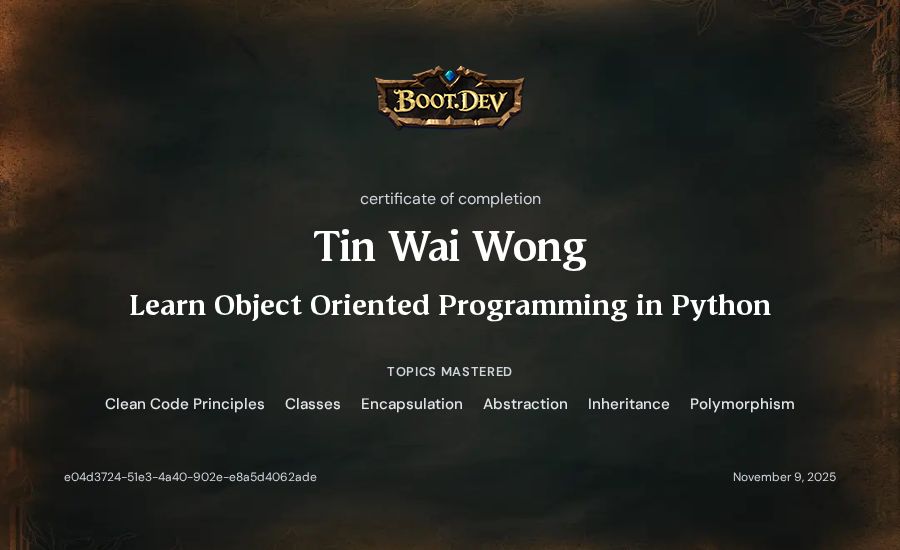 Tin Wai Wong's Boot.dev Learn Object Oriented Programming in Python certificate
