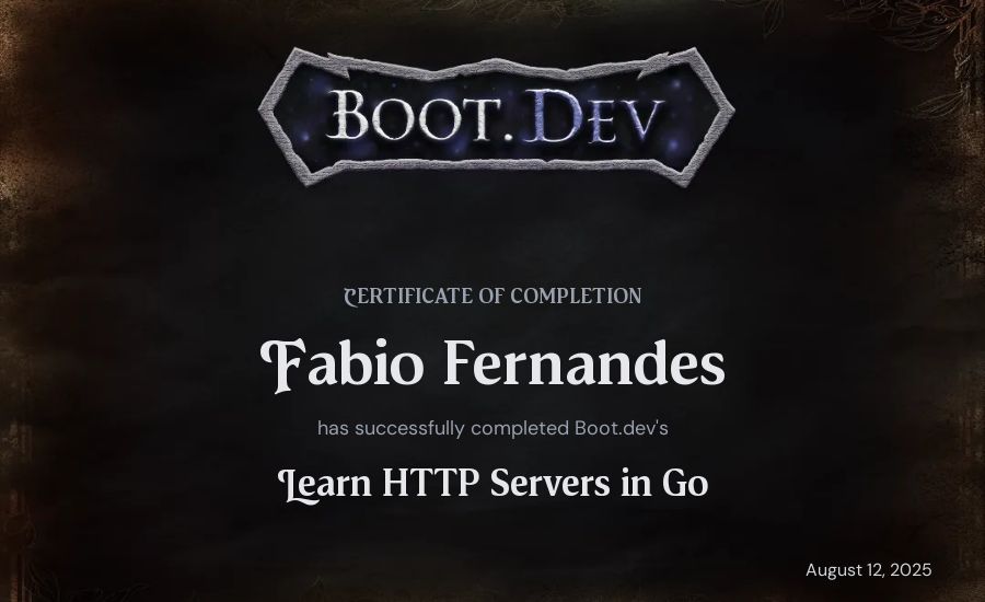 Fabio Fernandes's Boot.dev Learn HTTP Servers in Go certificate