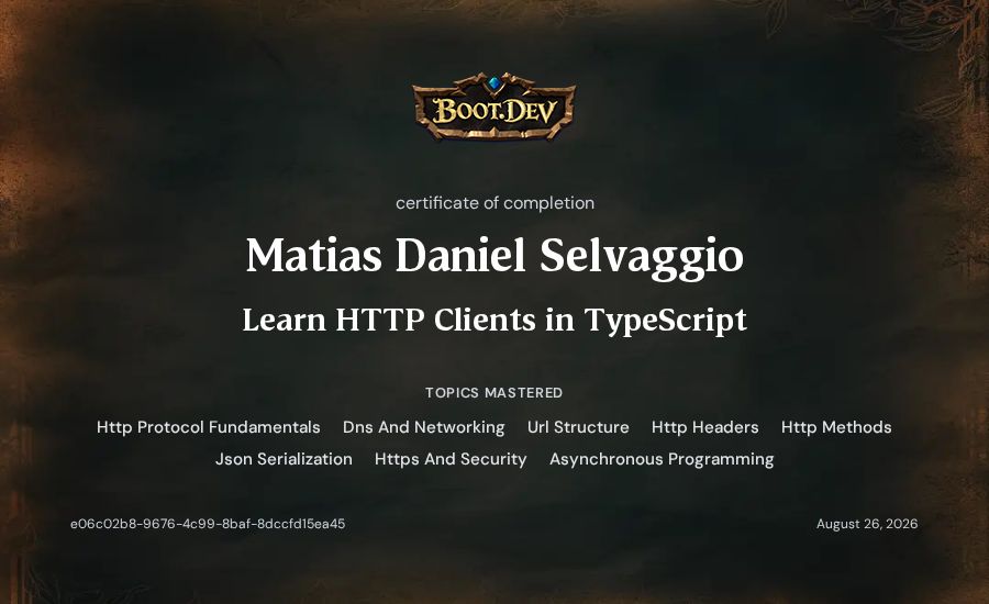 Matias Daniel Selvaggio's Boot.dev Learn HTTP Clients in TypeScript certificate