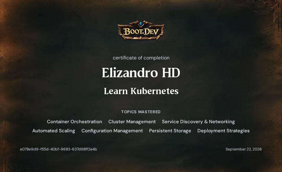 Elizandro HD's Boot.dev Learn Kubernetes certificate
