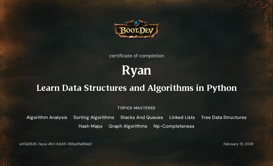Ryan's Boot.dev Learn Data Structures and Algorithms in Python certificate