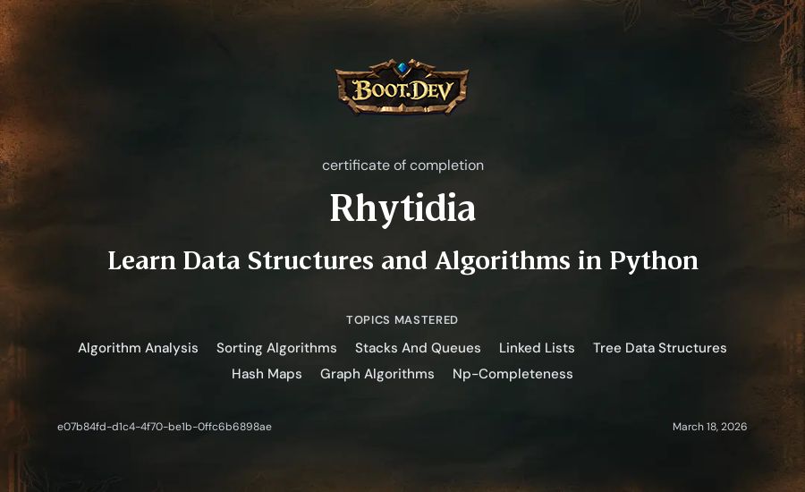Calliergon's Boot.dev Learn Data Structures and Algorithms in Python certificate