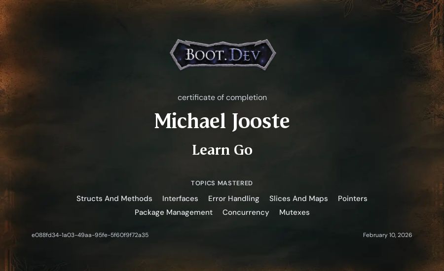Michael Jooste's Boot.dev Learn Go certificate
