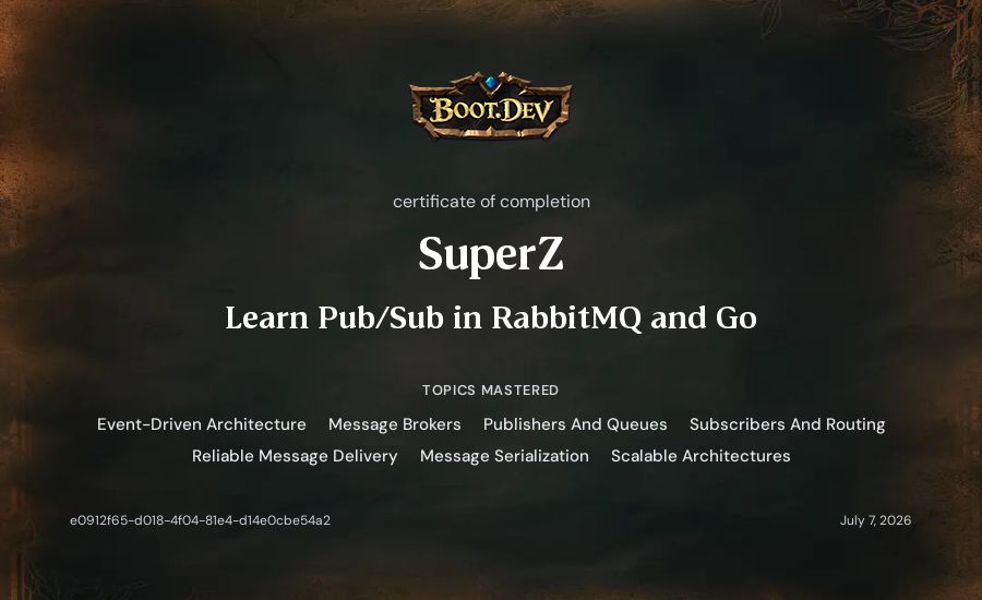 SuperZ's Boot.dev Learn Pub/Sub in RabbitMQ and Go certificate