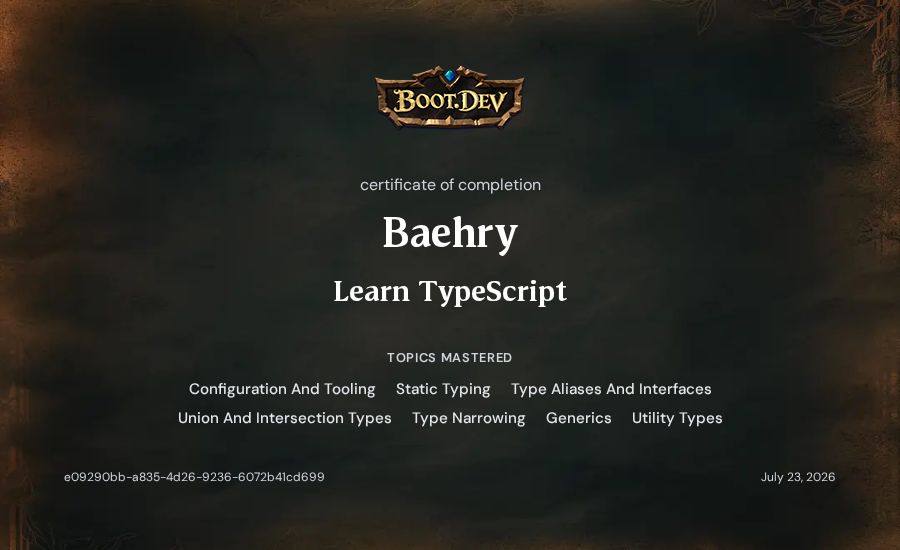 Baehry's Boot.dev Learn TypeScript certificate