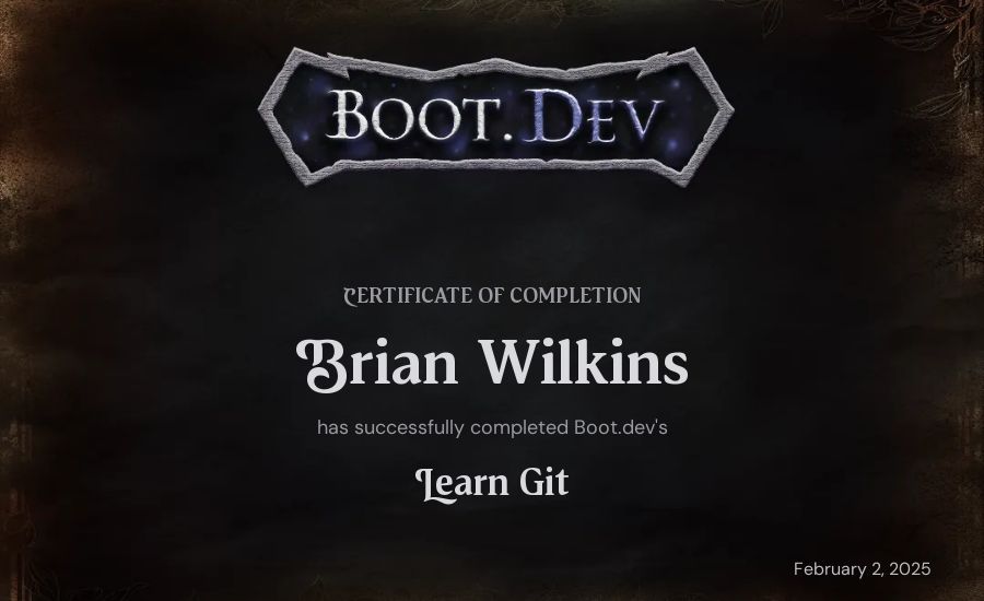 Brian Wilkins's Boot.dev Learn Git certificate
