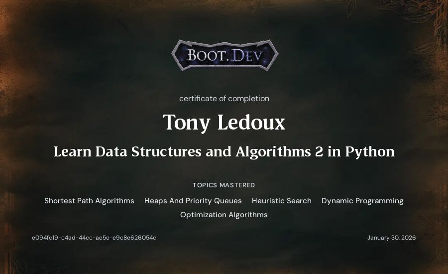 Tony Ledoux's Boot.dev Learn Data Structures and Algorithms 2 in Python certificate