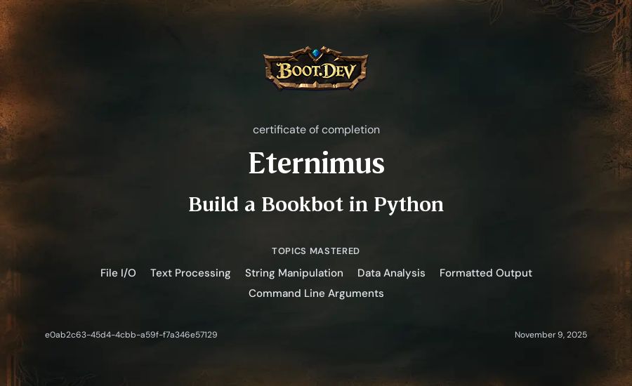 Eternimus's Boot.dev Build a BookBot in Python certificate