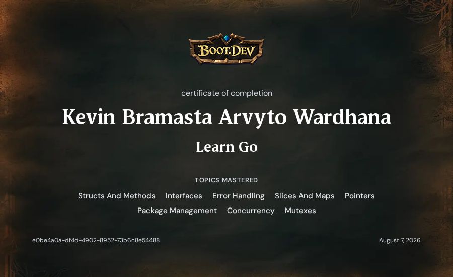 Kevin Bramasta Arvyto Wardhana's Boot.dev Learn Go certificate