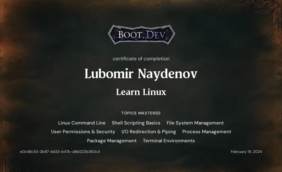 Lubomir Naydenov's Boot.dev Learn Linux certificate