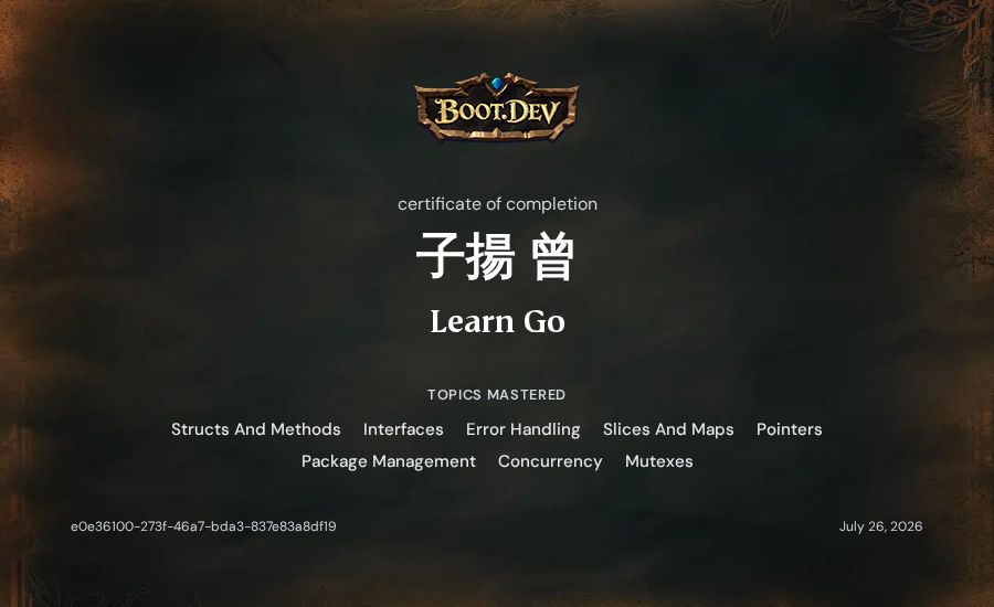 子揚 曾's Boot.dev Learn Go certificate