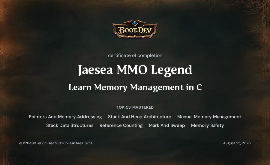 Jaesea MMO Legend's Boot.dev Learn Memory Management in C certificate