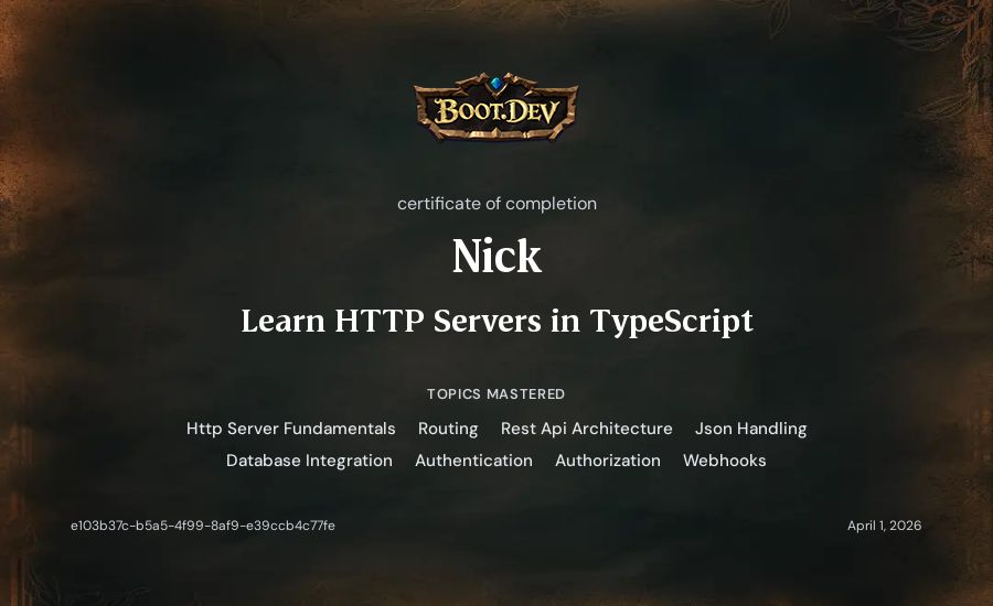 Nick's Boot.dev Learn HTTP Servers in TypeScript certificate