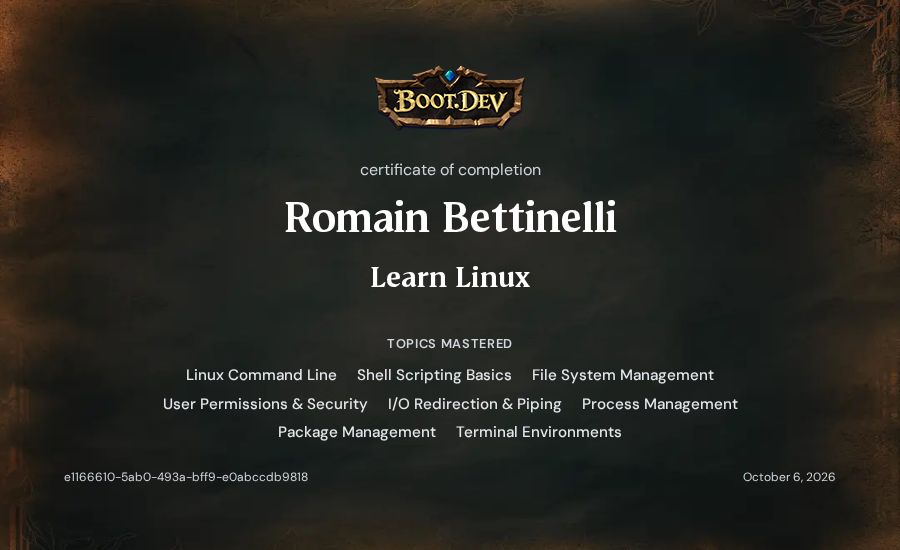 Romain Bettinelli's Boot.dev Learn Linux certificate