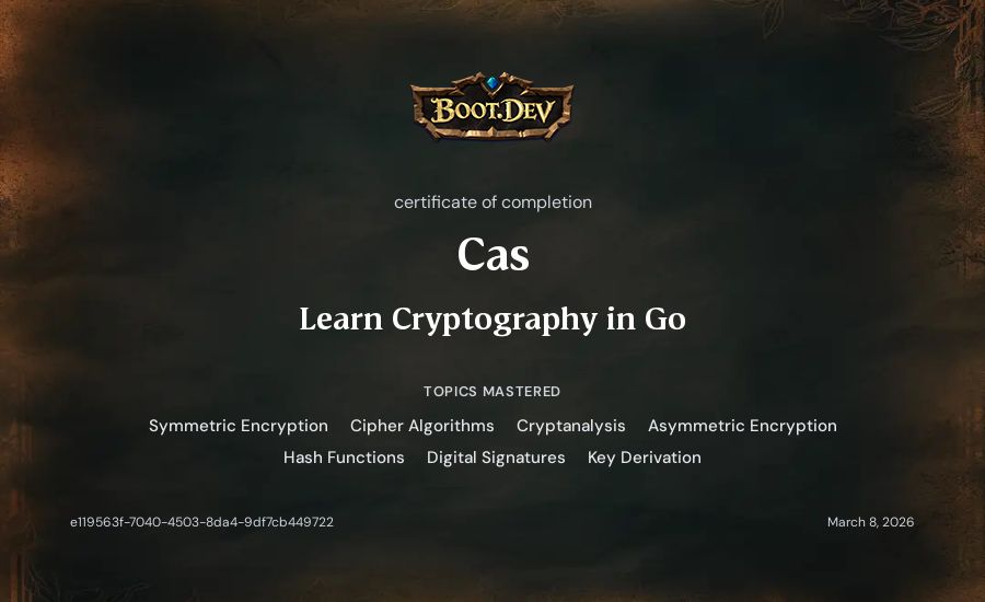 Cas's Boot.dev Learn Cryptography in Go certificate