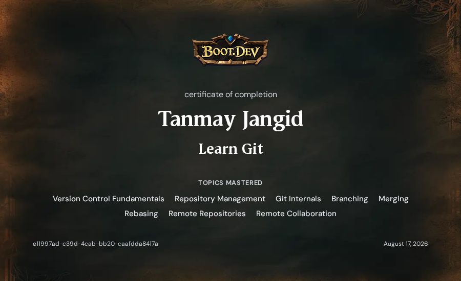 Tanmay Jangid's Boot.dev Learn Git certificate